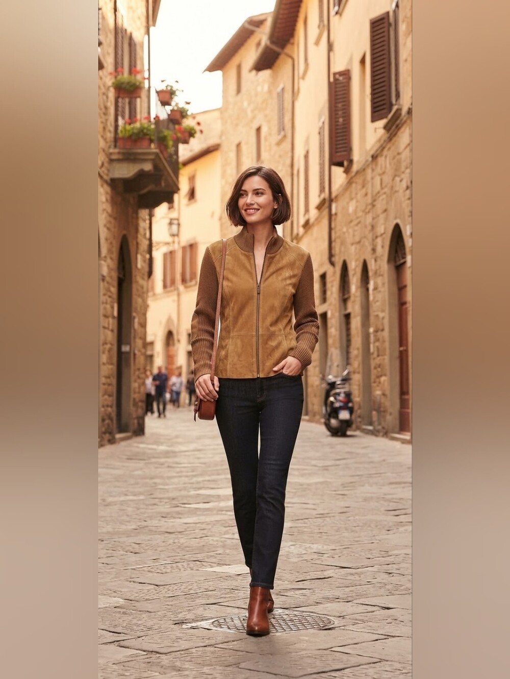 Covington Suede And Wool Zip Sweater Jacket- Tan/brown